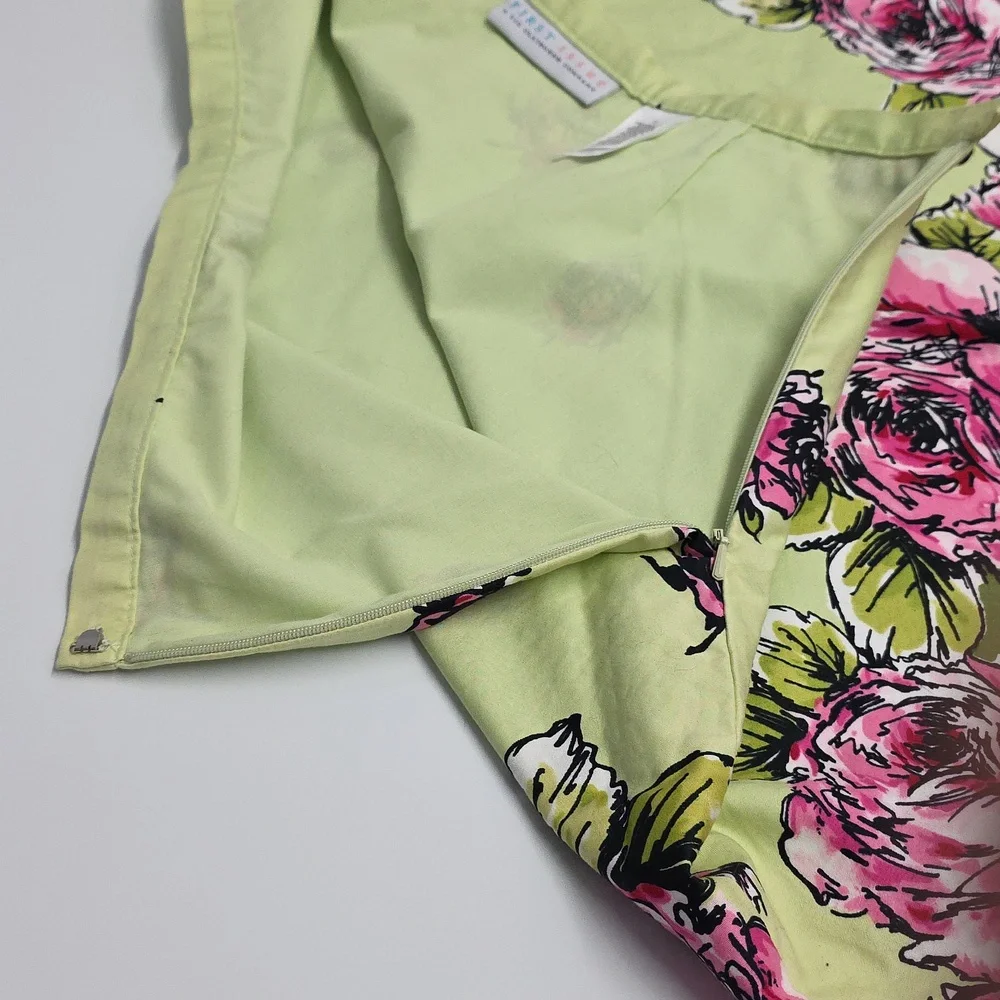 Liz Claiborne Floral A-Line Skirt Green Pink Roses Scallop Hem Gardenparty